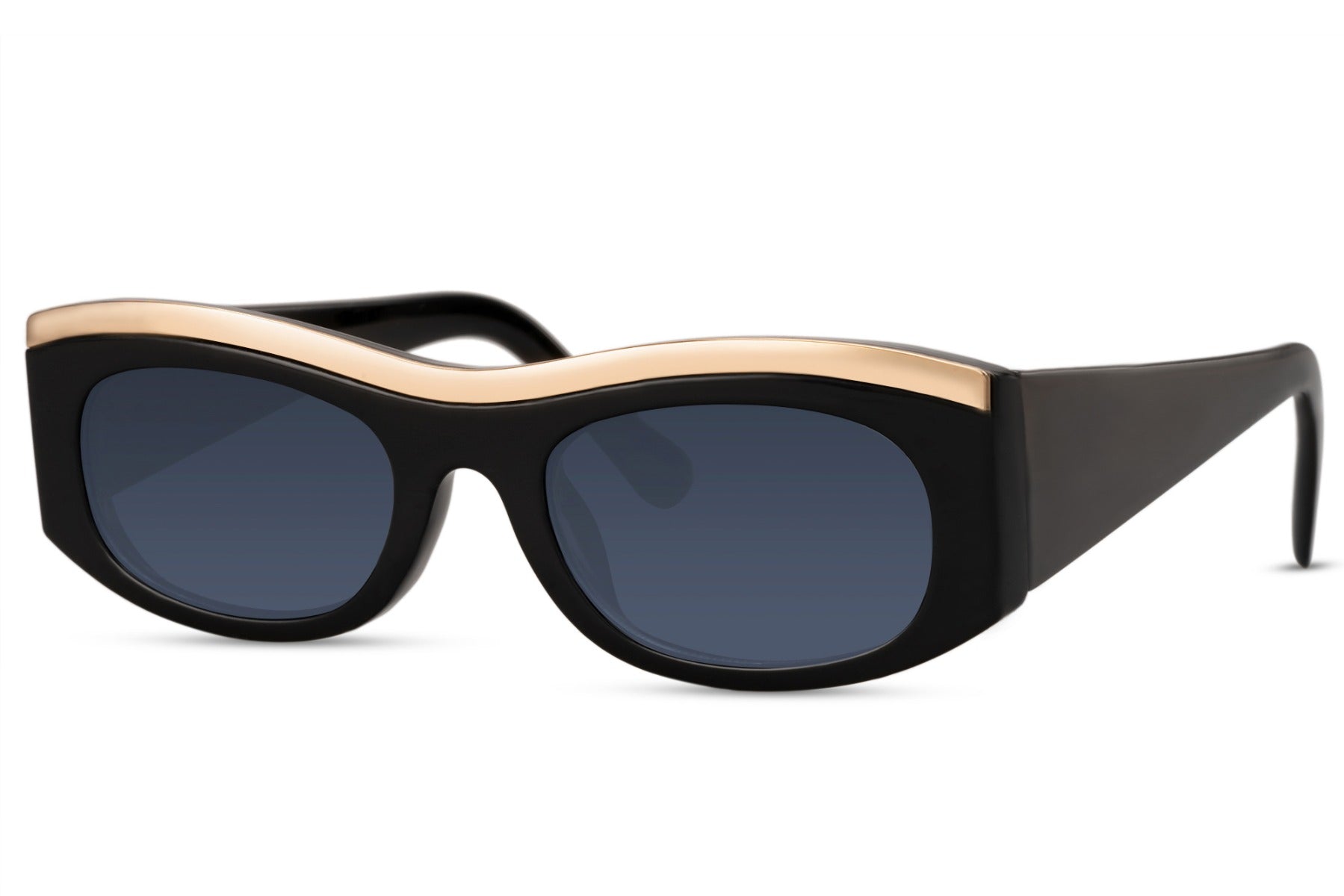 Elevated view of black and gold bold party sunglasses — 4.5cm height with 6.7cm wide lens in sustainable recycled polyester, the parallel dual-tone frame for men and women who understand that the detail is the difference, UV400 free delivery