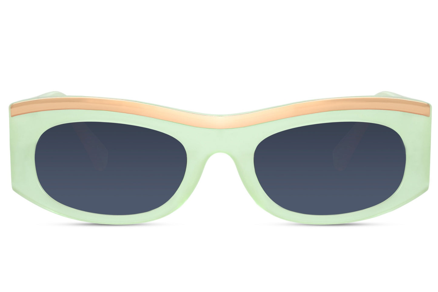 Mint green and gold inner rim party sunglasses in 100% recycled polyester — the dual-tone parallel frame that reads Marni-coded playfulness at an honest price, 6.7cm wide lens with bold colour-blocked construction, UV400