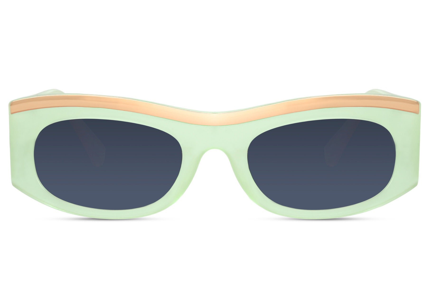 Mint green and gold inner rim party sunglasses in 100% recycled polyester — the dual-tone parallel frame that reads Marni-coded playfulness at an honest price, 6.7cm wide lens with bold colour-blocked construction, UV400