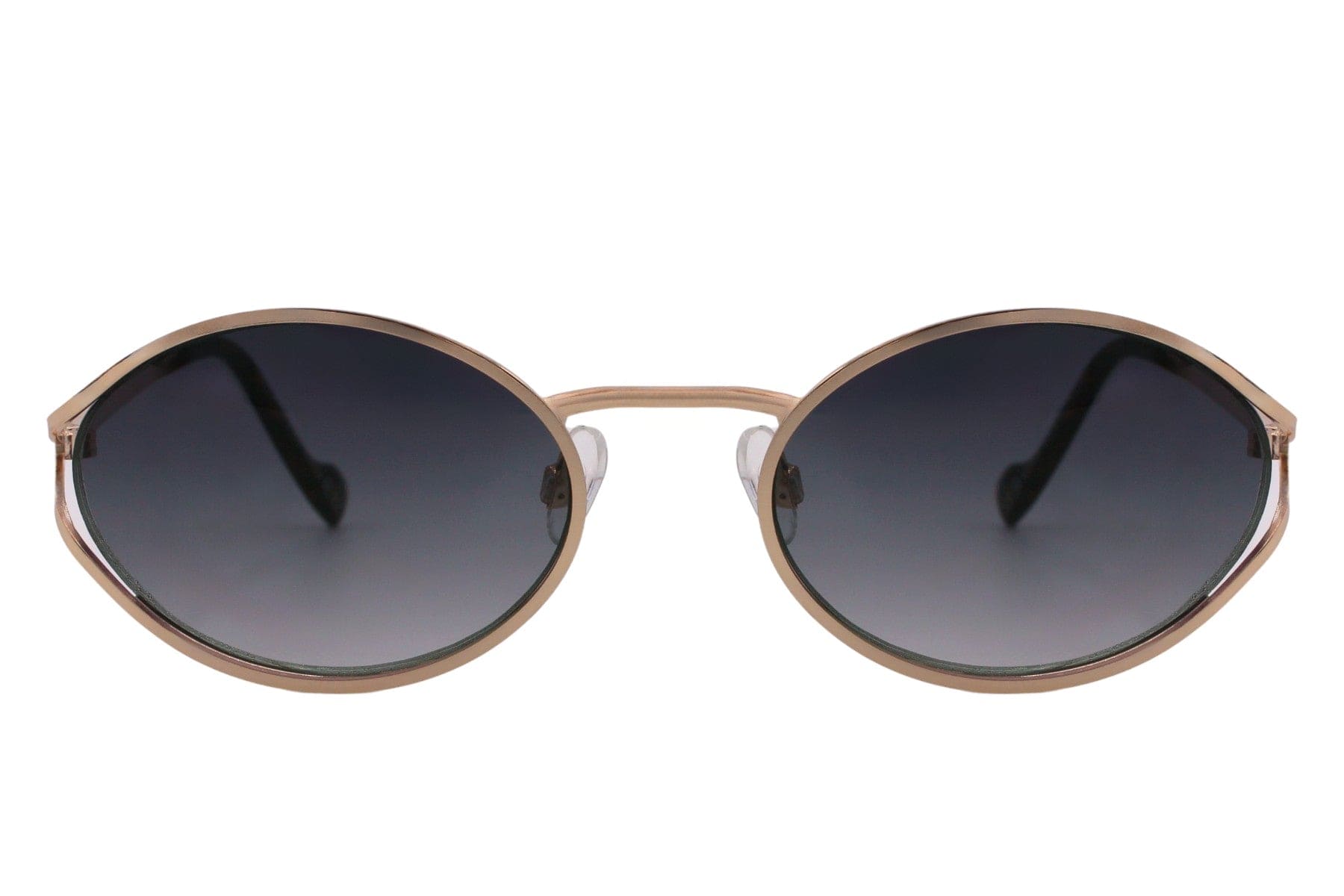 Gold metal oval sunglasses for women with grey gradient recycled polycarbonate lens – vintage-inspired sustainable shades for everyday styling and summer holidays, free UK and Europe delivery from Sunglass Station