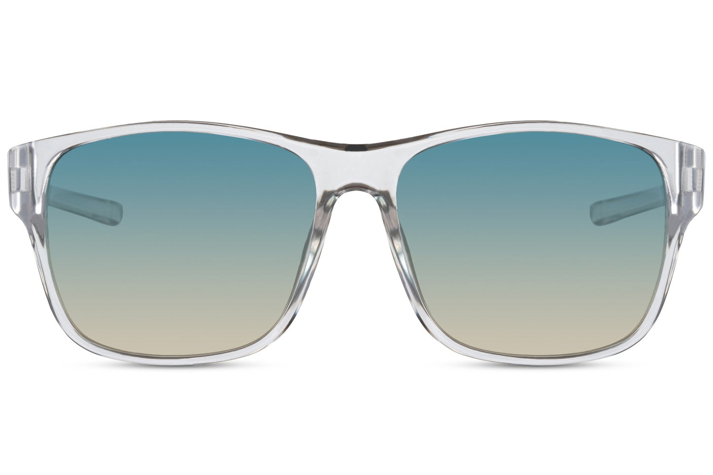 A pair of Wayfarer sunglasses with a square full frame, labeled as eco-friendly, featuring blue gradient mirrored lenses.