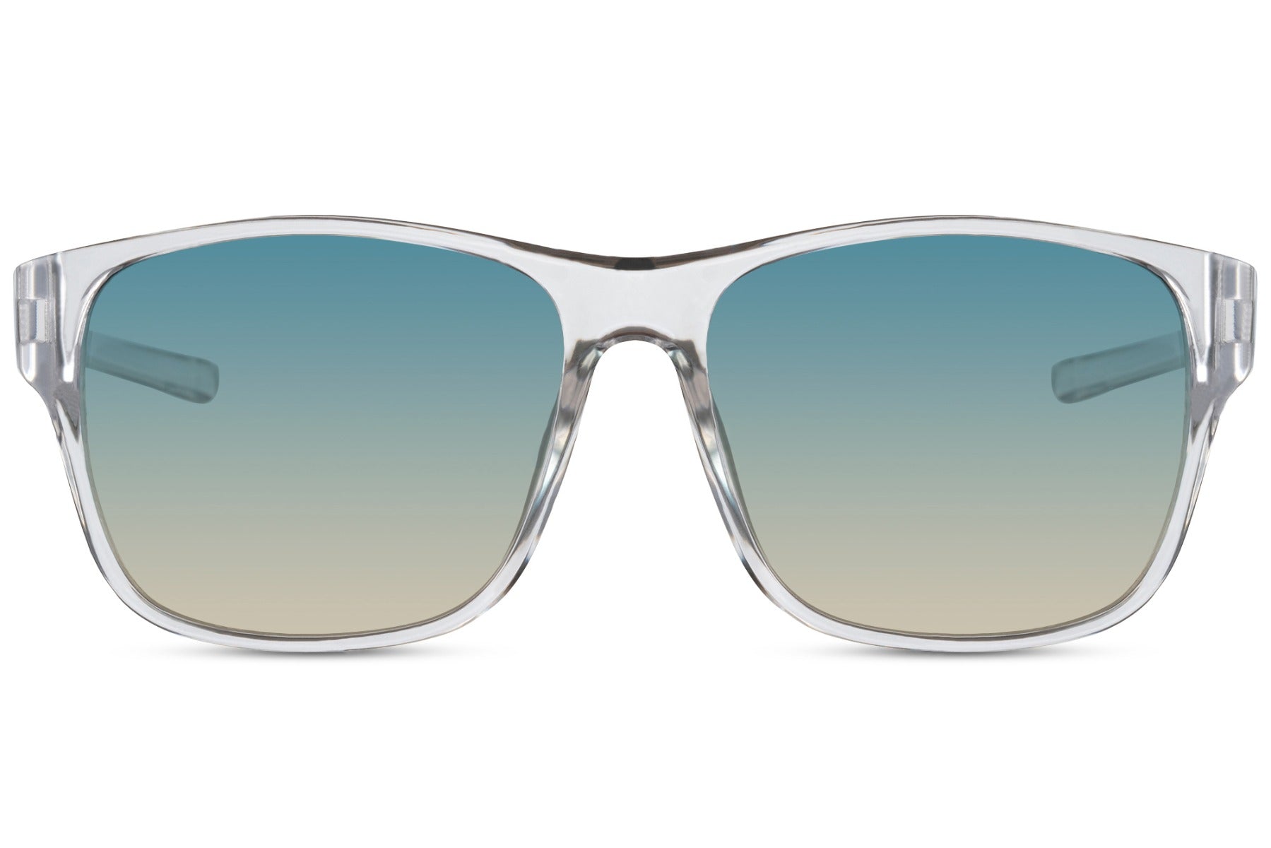 A pair of Wayfarer sunglasses with a square full frame, labeled as eco-friendly, featuring blue gradient mirrored lenses.