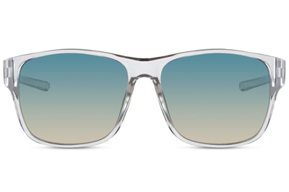A pair of Wayfarer sunglasses with a square full frame, labeled as eco-friendly, featuring blue gradient mirrored lenses.