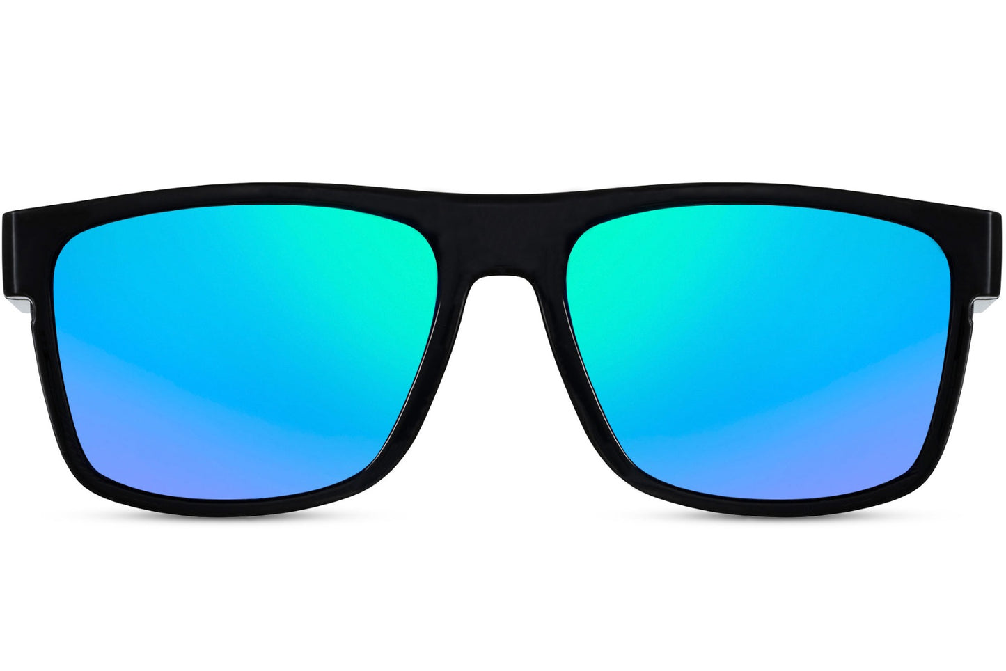 A pair of black-framed Wayfarer sunglasses with blue lenses.