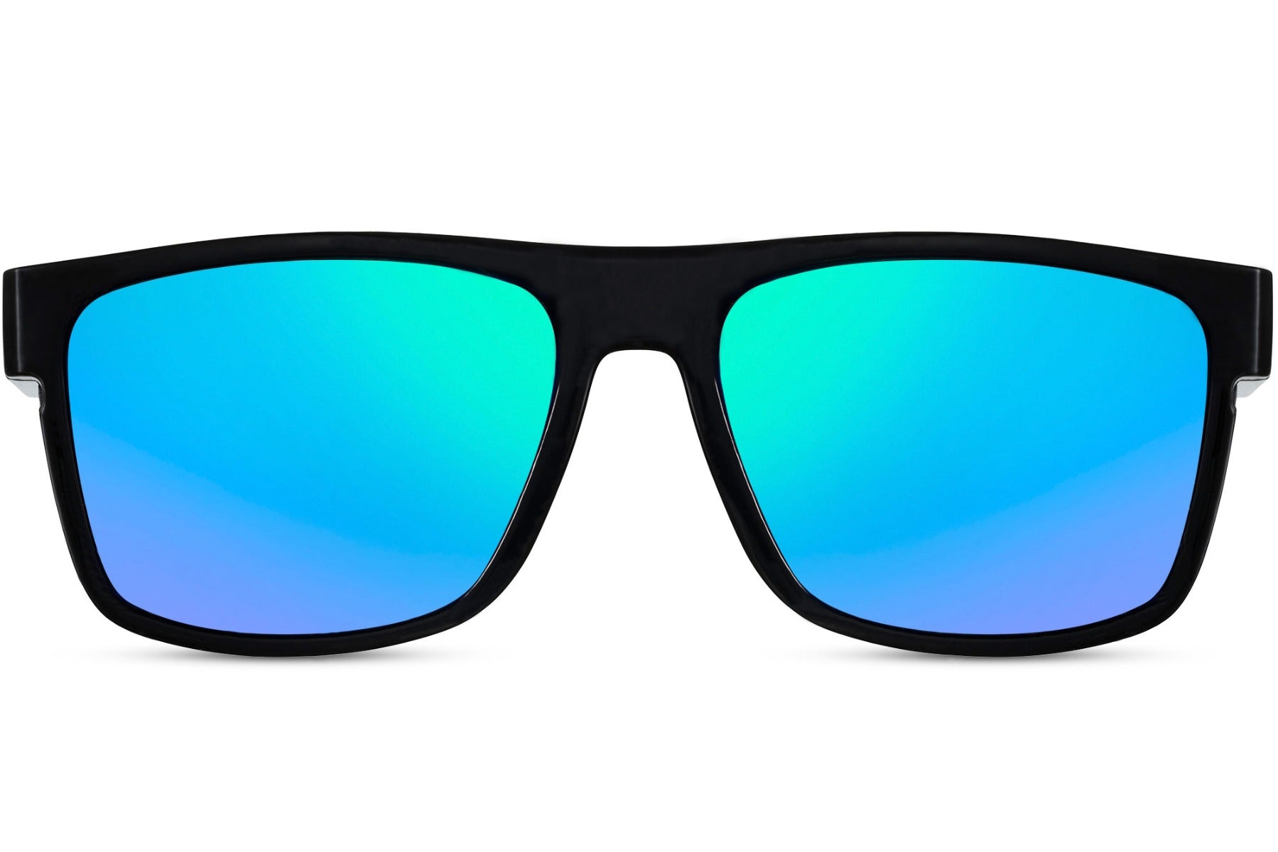 A pair of black-framed Wayfarer sunglasses with blue lenses.