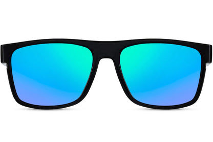 A pair of black-framed Wayfarer sunglasses with blue lenses.