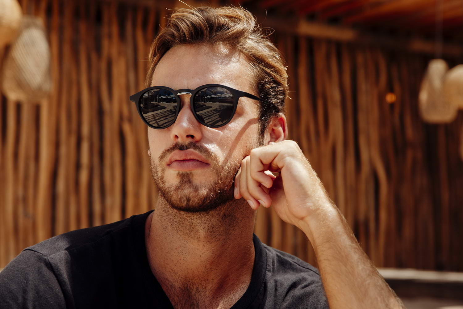 Men wearing Greece round sunglasses black polycarbonate frame green lens UV400 protection retro Mediterranean Greek inspired summer city outdoor beach holiday festival eyewear free UK Europe shipping Sunglass Station