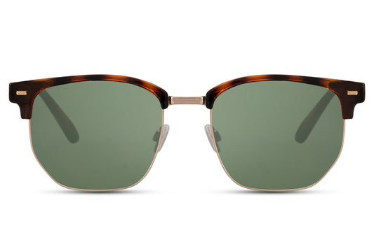 Clubmaster style sunglasses with a metal frame and polycarbonate lenses, featuring a clubmaster-specific design with a mix of black and brown colors.