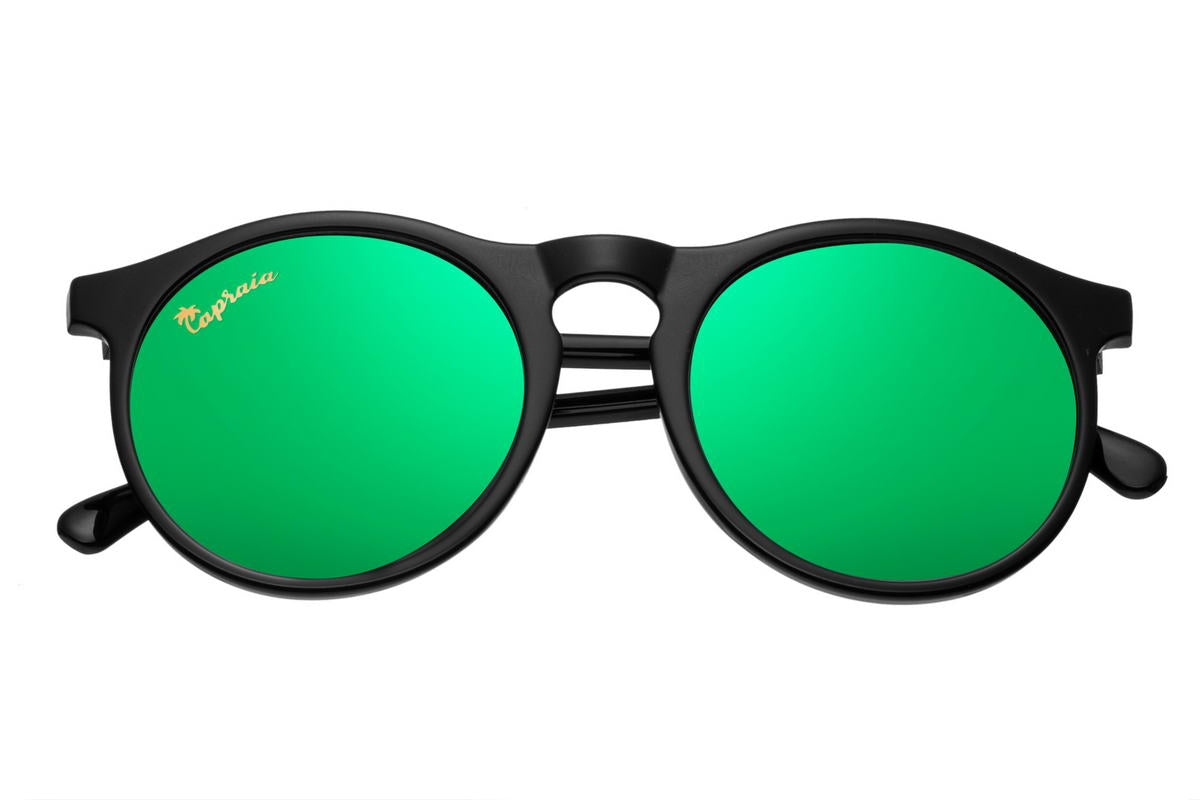 A pair of green mirrored round sunglasses with a black frame.