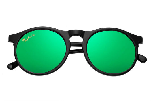 A pair of green mirrored round sunglasses with a black frame.