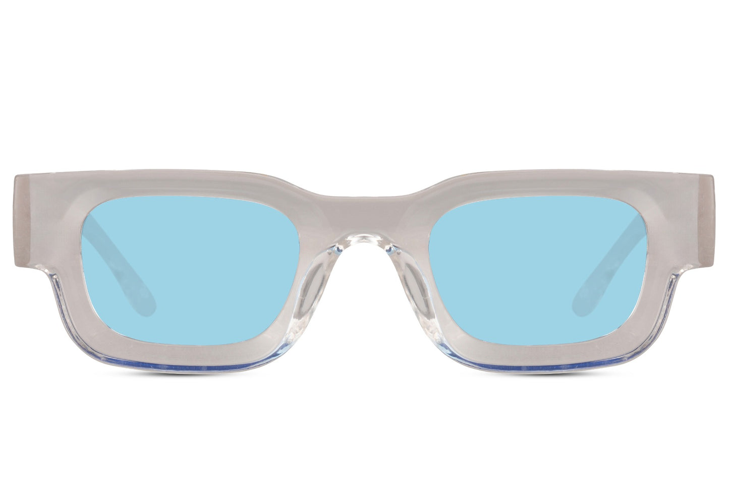 grey rectangle new wave sunglasses with clear transparent frame and ice blue UV100 protection lens – chic barely-there retro rectangle shades for summer holidays and city wear, Sunglass Station free UK and Europe shipping