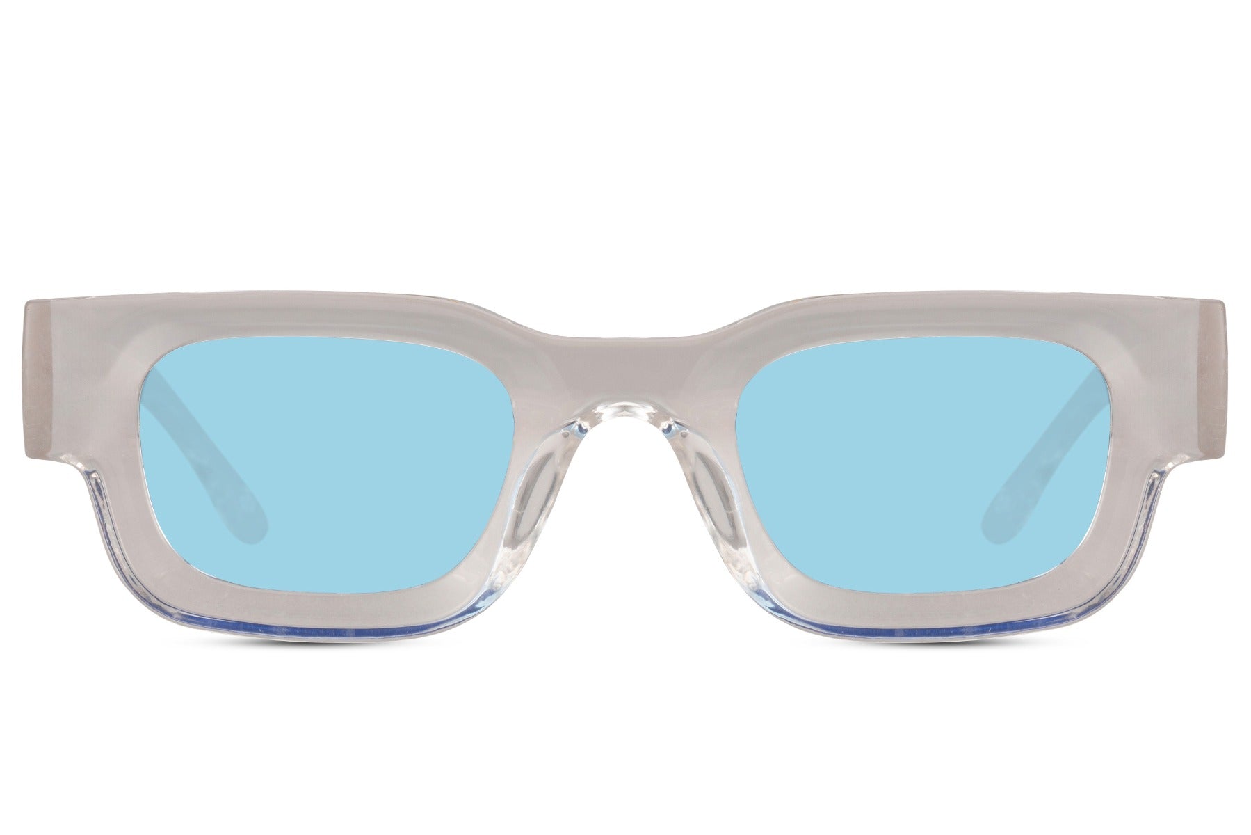 grey rectangle new wave sunglasses with clear transparent frame and ice blue UV100 protection lens – chic barely-there retro rectangle shades for summer holidays and city wear, Sunglass Station free UK and Europe shipping