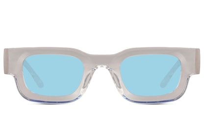 grey rectangle new wave sunglasses with clear transparent frame and ice blue UV100 protection lens – chic barely-there retro rectangle shades for summer holidays and city wear, Sunglass Station free UK and Europe shipping