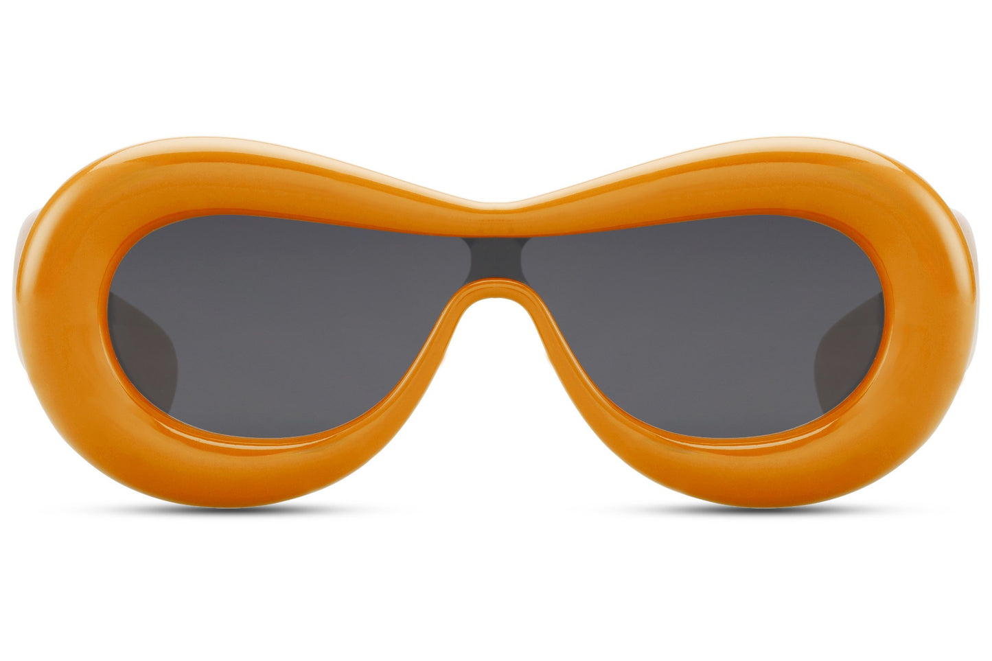 orange Ibiza party shades showing full bubble frame depth — 5.5cm height with 14.5cm width, sustainable inflated oval for the beach club generation, free delivery UK & Europe