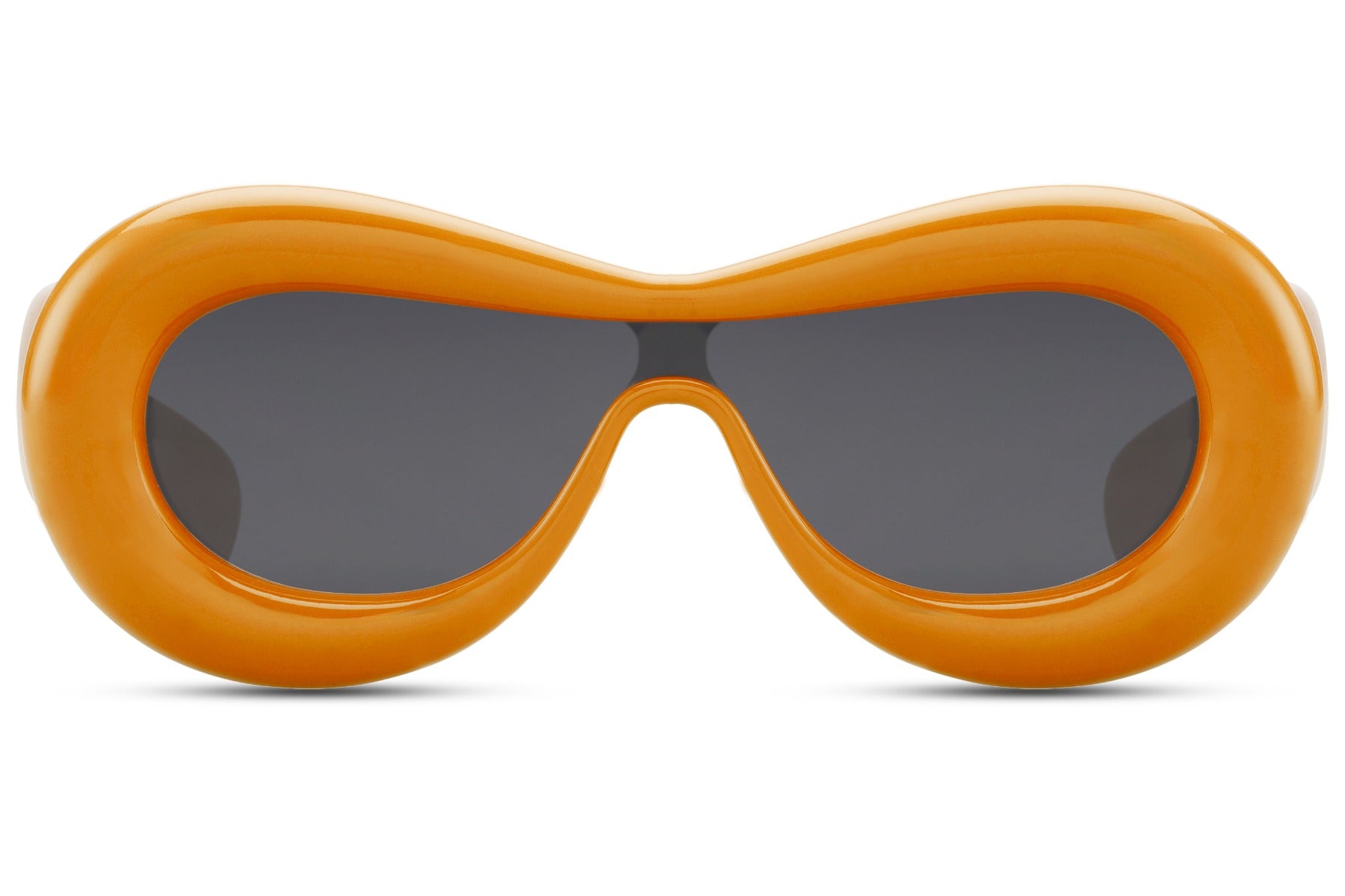 orange Ibiza party shades showing full bubble frame depth — 5.5cm height with 14.5cm width, sustainable inflated oval for the beach club generation, free delivery UK & Europe