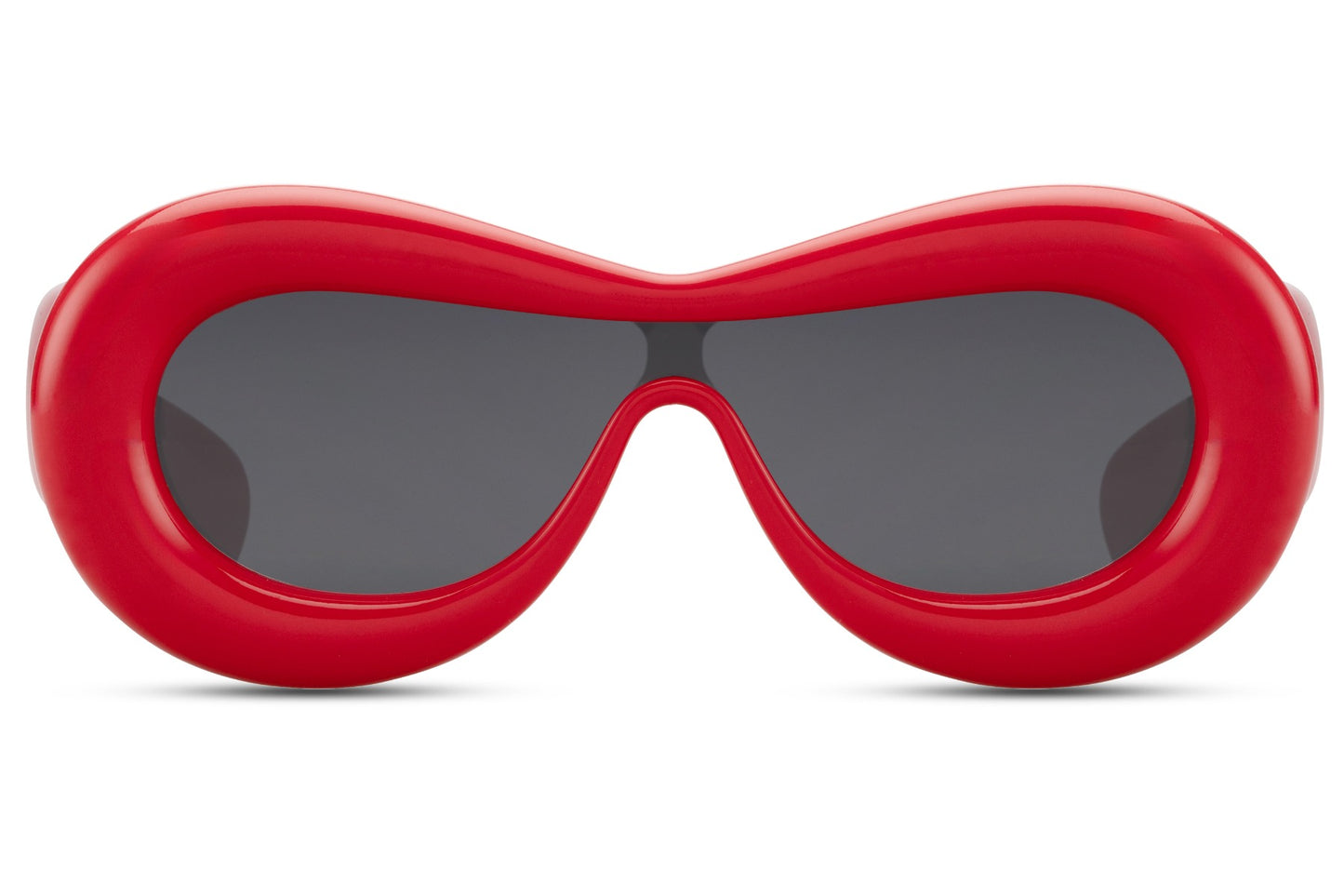 Red inflated oval Ibiza party shades in 100% recycled polyester — maximum chromatic impact in the bubble frame silhouette, the red statement piece for women who own every room from a Saint-Tropez terrace to a festival main stage, UV400