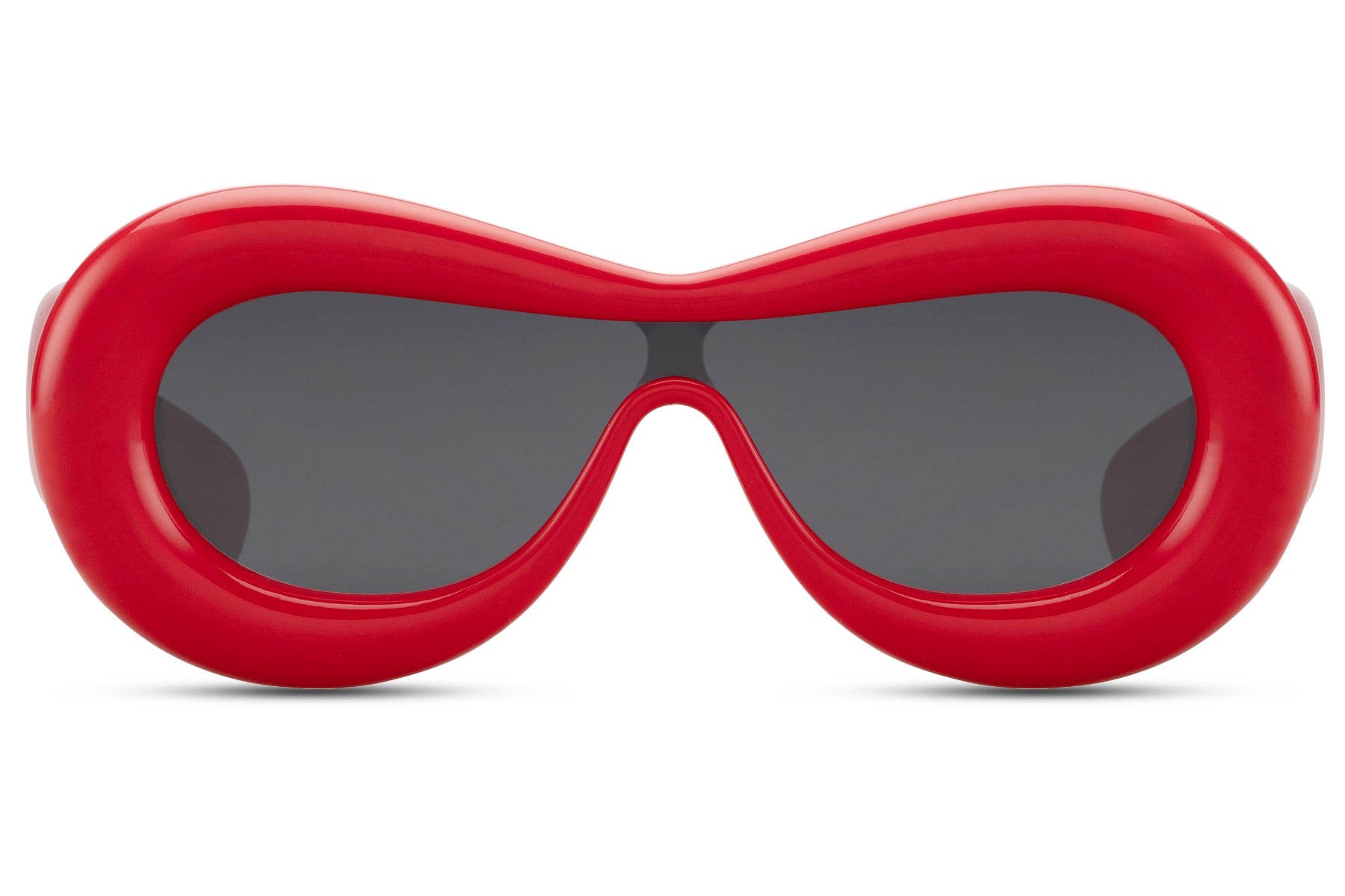 Red inflated oval Ibiza party shades in 100% recycled polyester — maximum chromatic impact in the bubble frame silhouette, the red statement piece for women who own every room from a Saint-Tropez terrace to a festival main stage, UV400