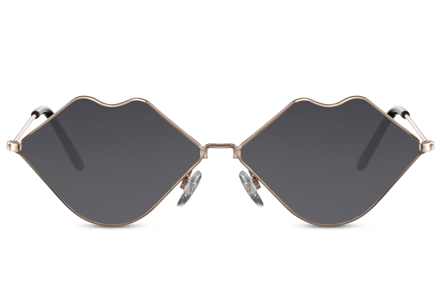 Black metal frame kiss party sunglasses with smoke lens — the lip shape in its most sleek form, novelty eyewear that sits between playful and edgy for women who want the statement without the primary colour, UV400
