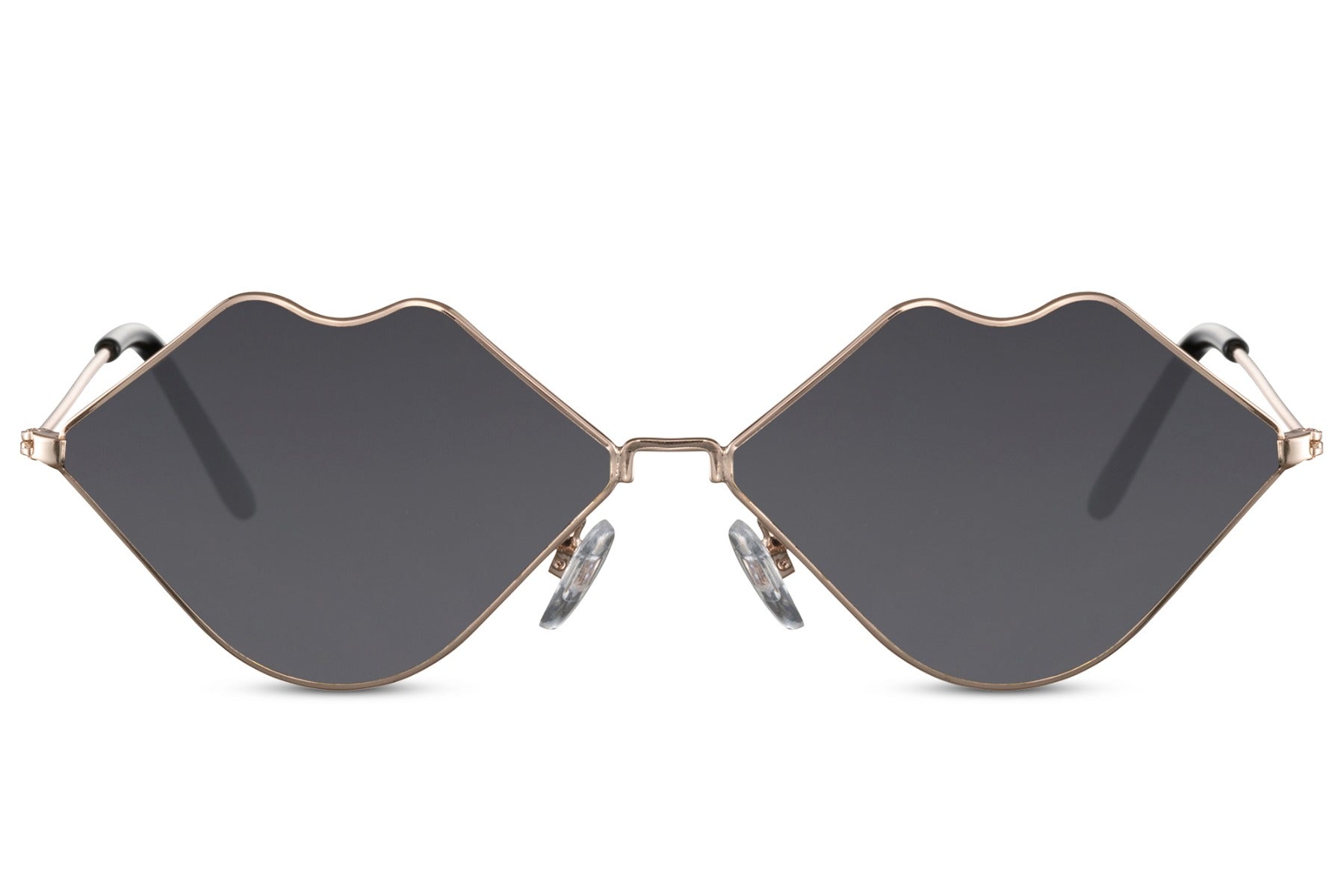 Black metal frame kiss party sunglasses with smoke lens — the lip shape in its most sleek form, novelty eyewear that sits between playful and edgy for women who want the statement without the primary colour, UV400
