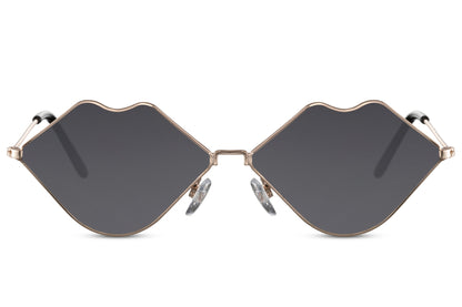 Black metal frame kiss party sunglasses with smoke lens — the lip shape in its most sleek form, novelty eyewear that sits between playful and edgy for women who want the statement without the primary colour, UV400
