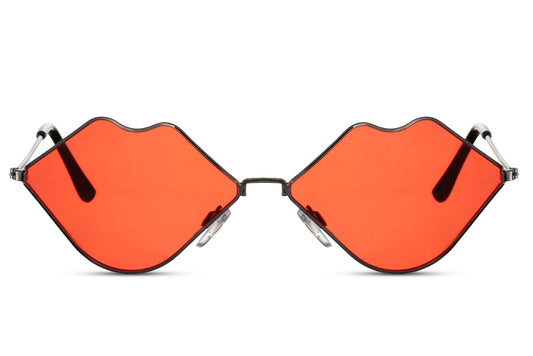 Gold metal frame kiss party funky sunglasses with red recycled lens — lip-shaped novelty eyewear for women who dress like every occasion deserves a punchline, 5.8cm lens with 100% UV protection