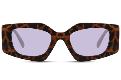 a complete ramp show look by sunglass station's leopard print geometric rectangle frames, shop at sunglass station with 100% uv protection