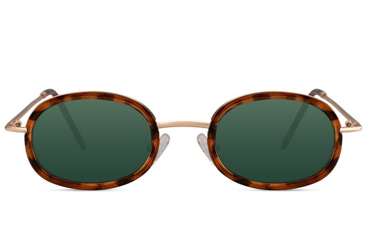 Leopard print oval sunglasses for women with metal polycarbonate frame and green tinted UV protection lens – chic retro round shades for everyday styling and summer festivals, free UK and Europe delivery from Sunglass Station