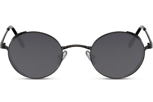London black round sunglasses matte black slim metal frame jet black polycarbonate lens 100% UV400 protection men women sleek bold London street style everyday city summer beach free UK Europe delivery Sunglass Station