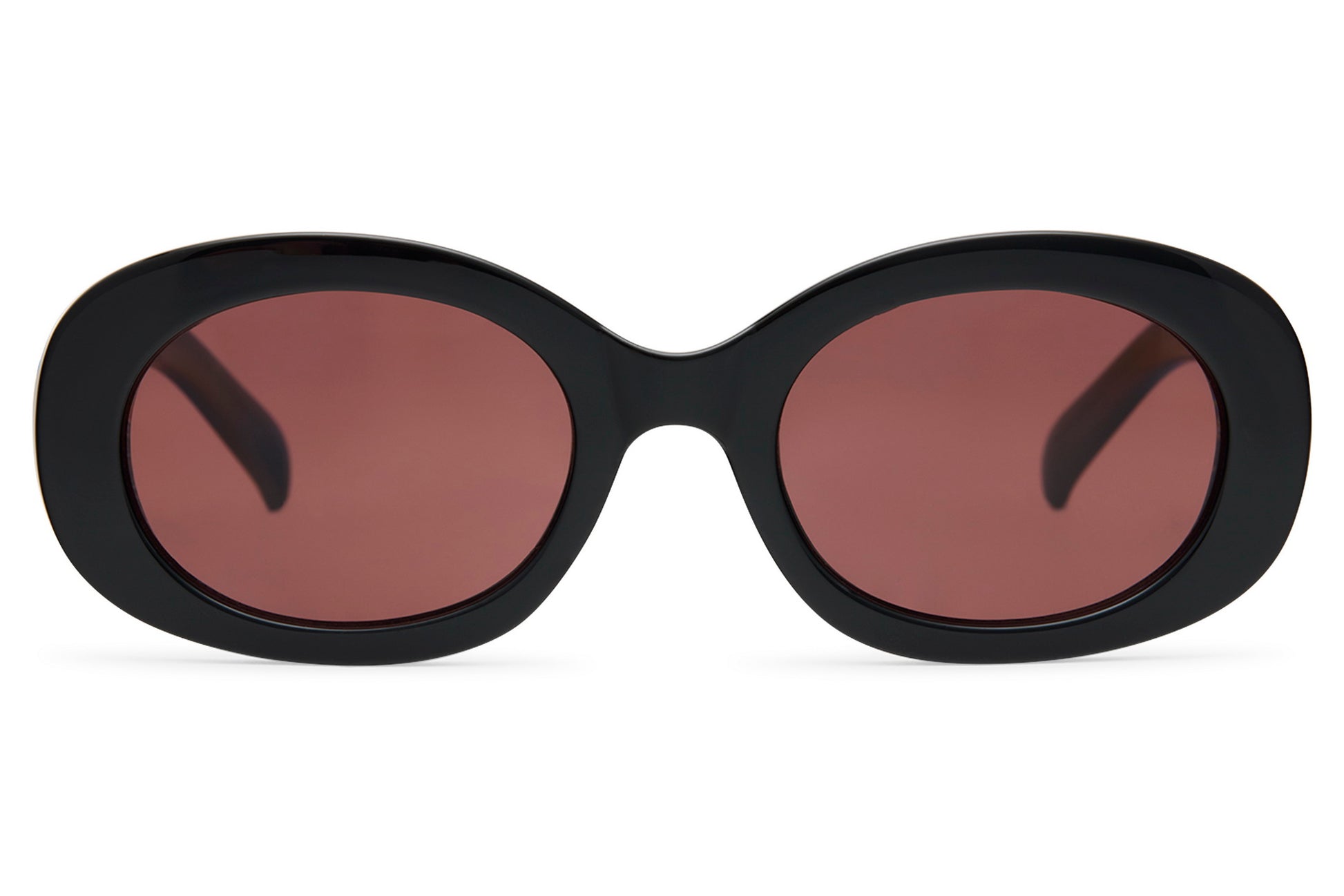 London bold oval sunglasses for women with black recycled polyester frame and dark rose polycarbonate lens – chunky retro shades inspired by London street style, free delivery across UK and Europe from Sunglass Station