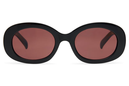 London bold oval sunglasses for women with black recycled polyester frame and dark rose polycarbonate lens – chunky retro shades inspired by London street style, free delivery across UK and Europe from Sunglass Station