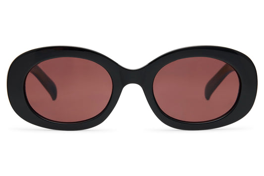 London bold oval sunglasses for women with black recycled polyester frame and dark rose polycarbonate lens – chunky retro shades inspired by London street style, free delivery across UK and Europe from Sunglass Station