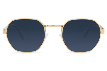 London eco geometric round sunglasses copper frame navy blue recycled rPMMA lens UV protection men women bold sustainable premium summer beach city festival eyewear free UK Europe shipping Sunglass Station