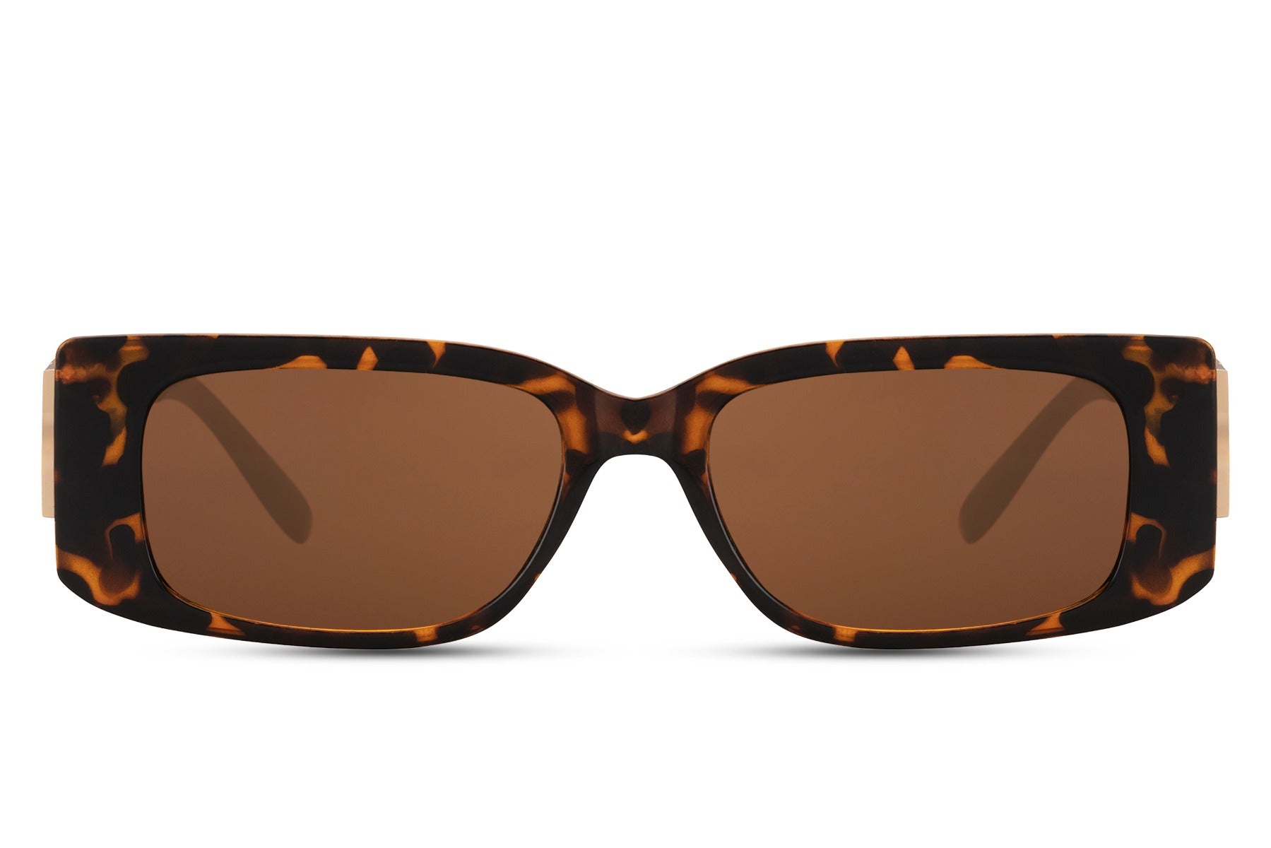 Brown animal print London rectangle party sunglasses with amber lens — warm-toned print in a premium slim metal frame, the colourway that carries 70s Riviera energy into the most directional rectangle silhouette of 2026, UV400