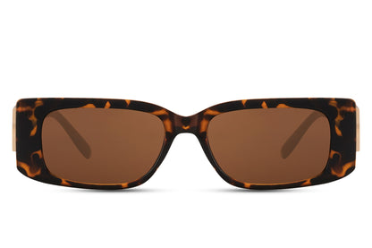 Brown animal print London rectangle party sunglasses with amber lens — warm-toned print in a premium slim metal frame, the colourway that carries 70s Riviera energy into the most directional rectangle silhouette of 2026, UV400