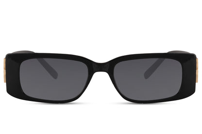 Black slim low-profile London rectangle party sunglasses with premium metal frame — 6.5cm lens in a clean directional silhouette, the city-coded rectangle that moves from East London street style to European rooftop without switching gears, UV400