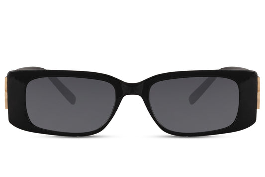 Black slim low-profile London rectangle party sunglasses with premium metal frame — 6.5cm lens in a clean directional silhouette, the city-coded rectangle that moves from East London street style to European rooftop without switching gears, UV400