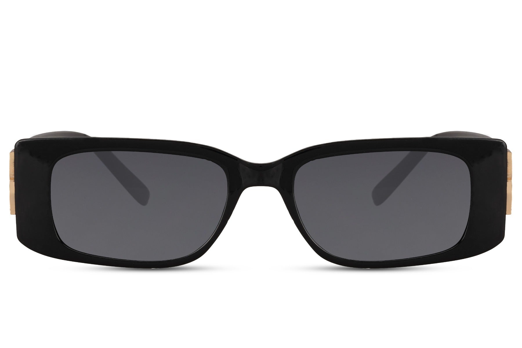 Side angle of black metal London rectangle party sunglasses — slim premium metal build with superior polycarbonate clarity, the frame that belongs on every European city break from Shoreditch to the Marais | Sunglass Station