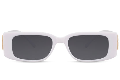 White silver frame London rectangle party sunglasses with grey lens — the clean minimal colourway for men and women, slim premium metal rectangle that reads Copenhagen minimalism as fluently as it reads London cool | Sunglass Station