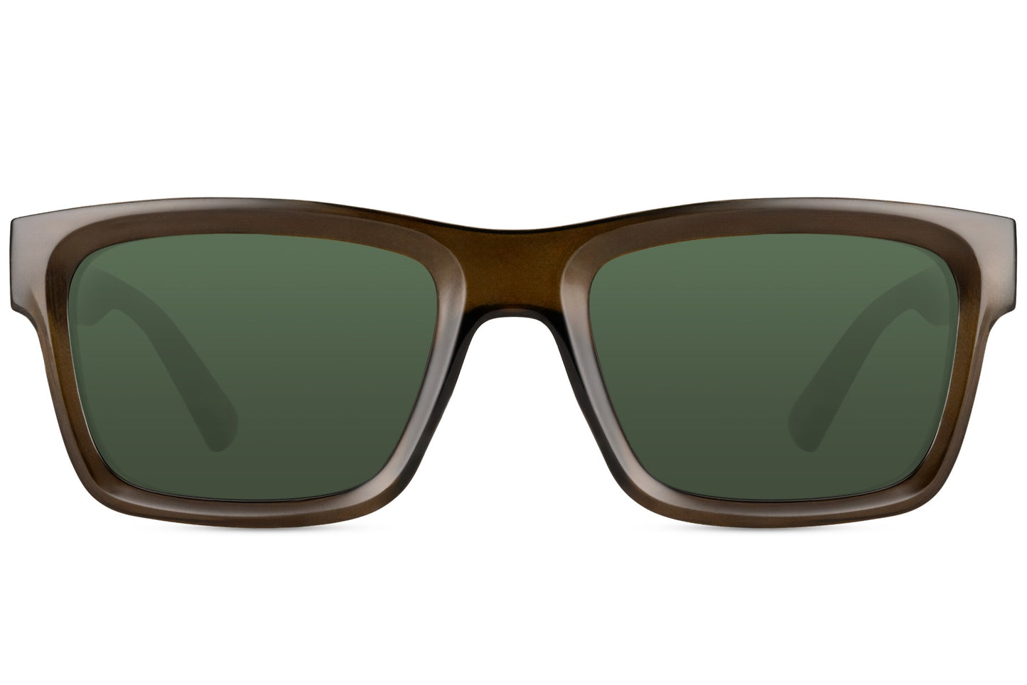 shop the eco sunglass with green lens and brown frame.
