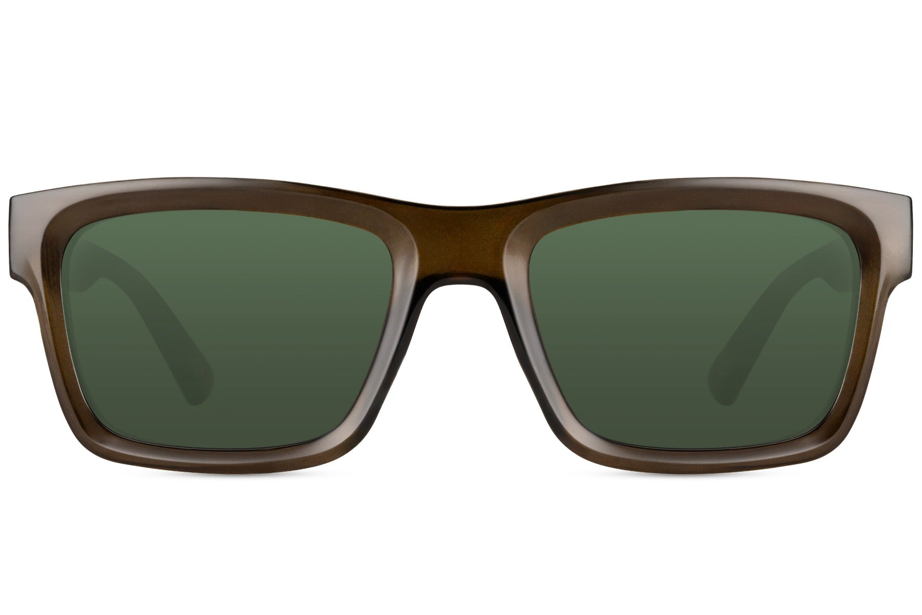 shop the eco sunglass with green lens and brown frame.