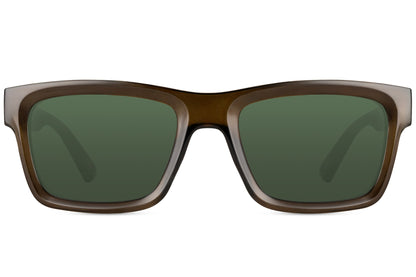 shop the eco sunglass with green lens and brown frame.