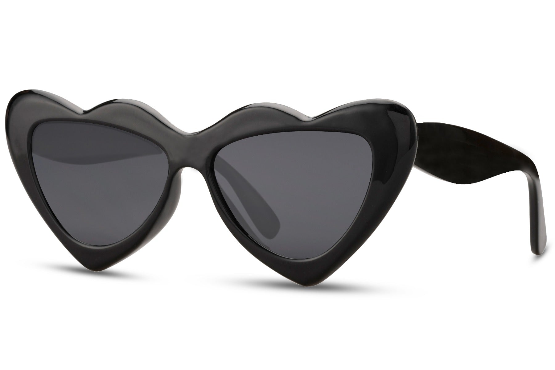 black luxe heart cat-eye party sunglasses — gradient purple lens option in sustainable recycled polyester, the heart shape that reads Saint Laurent-coded glamour at an honest price, UV400 free delivery UK & Europe
