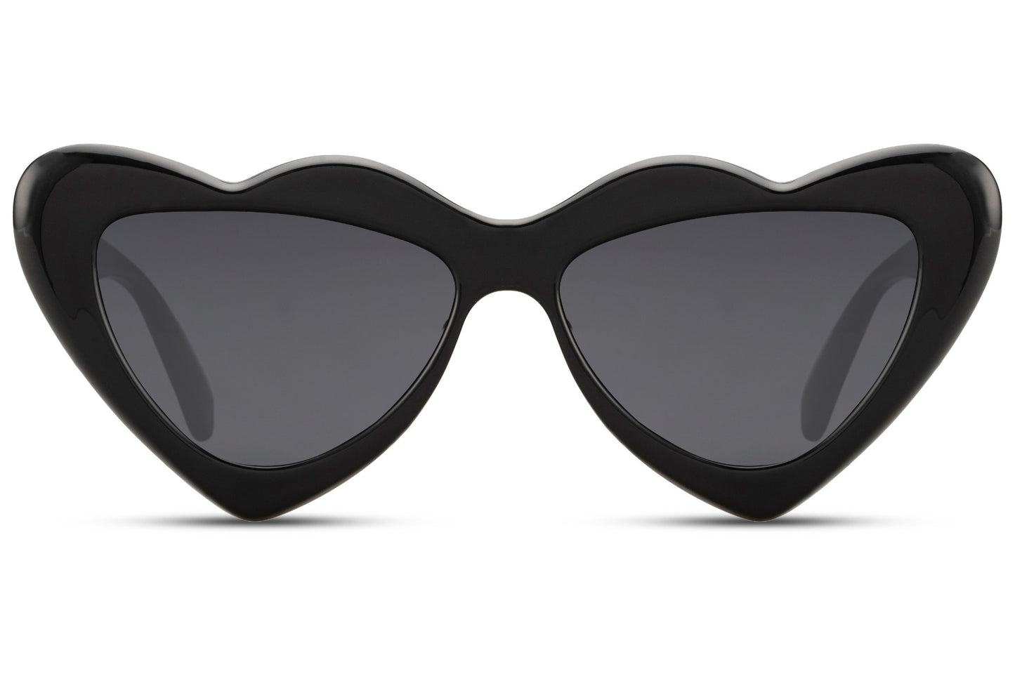 black luxe heart party sunglasses — 15cm wide heart cat-eye frame showing full silhouette depth in 100% recycled polyester, luxe novelty eyewear for women who treat accessories as punctuation | Sunglass Station
