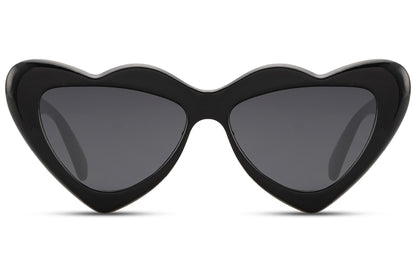 Wide angle of black luxe heart party sunglasses — bold heart-shaped cat-eye in sustainable recycled polyester, the statement frame for festival season, rooftop parties and anywhere that rewards dressing with intention, free delivery UK & Europe