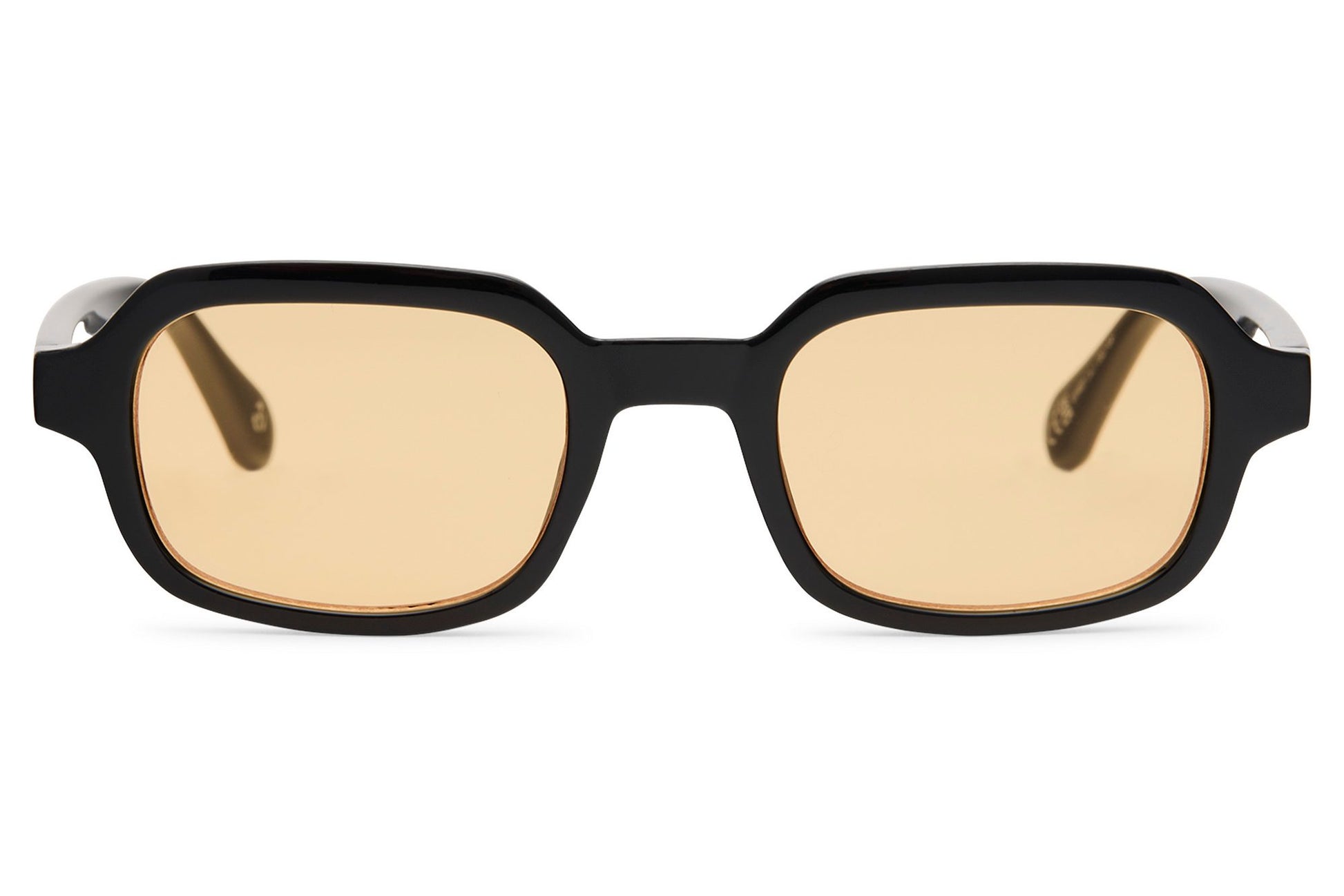 Luxury rectangle sunglasses for men and women with black recycled polyester frame and amber yellow tinted polycarbonate lens – bold retro Y2K rectangle shades for festivals and going out, free delivery across UK and Europe from Sunglass Station