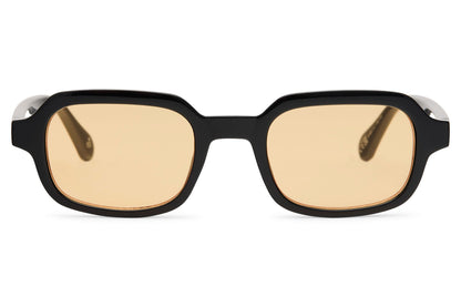 Luxury rectangle sunglasses for men and women with black recycled polyester frame and amber yellow tinted polycarbonate lens – bold retro Y2K rectangle shades for festivals and going out, free delivery across UK and Europe from Sunglass Station