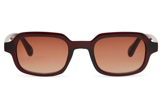 Luxury rectangle sunglasses for men and women with dark burgundy brown recycled polyester frame and brown gradient polycarbonate lens – premium retro rectangle shades for everyday city wear and smart casual styling, free delivery across UK and Europe from Sunglass Station