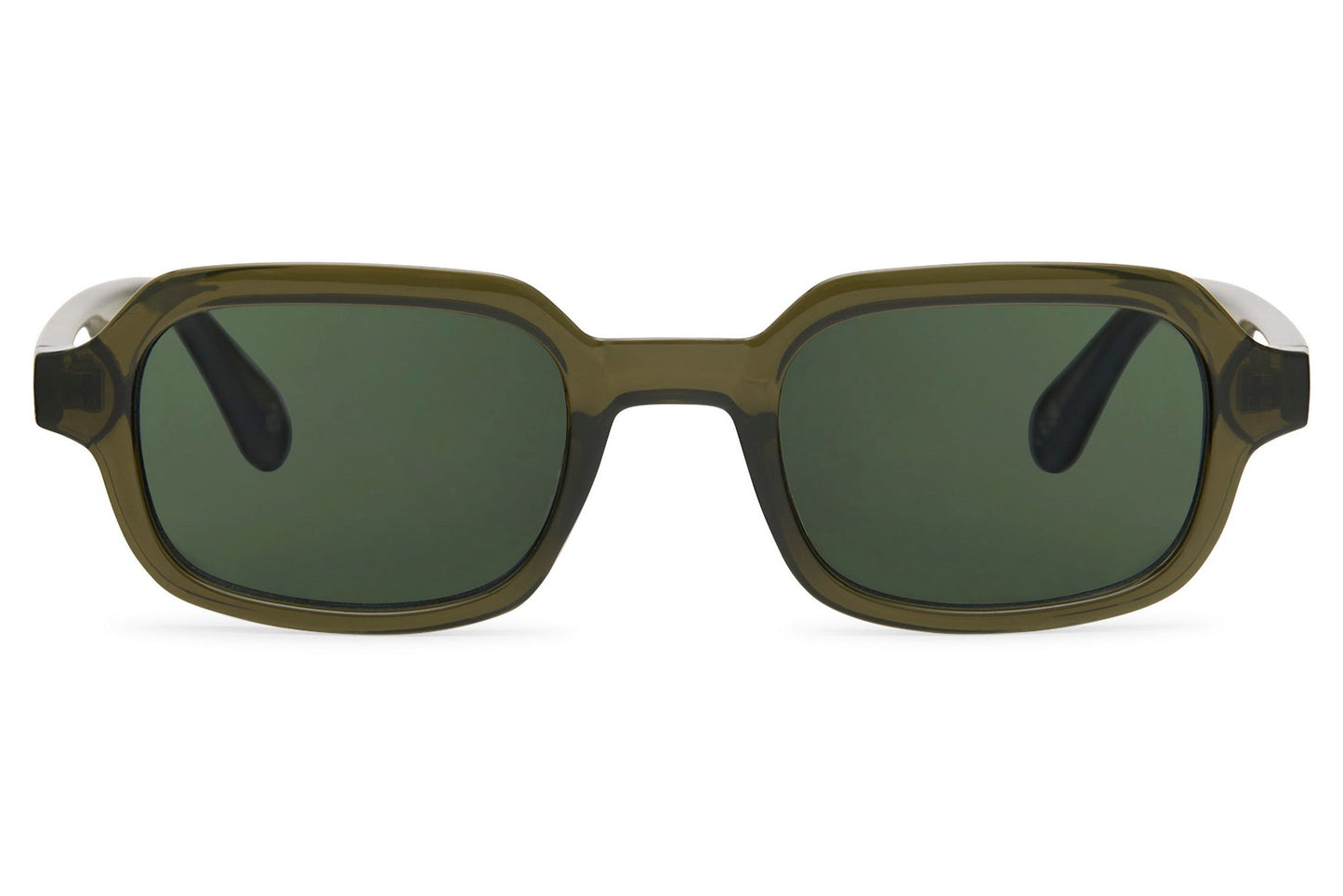 Luxury rectangle sunglasses for men and women with dark green recycled polyester frame and dark green polycarbonate lens – tone-on-tone premium retro rectangle shades for city wear and festivals, free delivery across UK and Europe from Sunglass Station