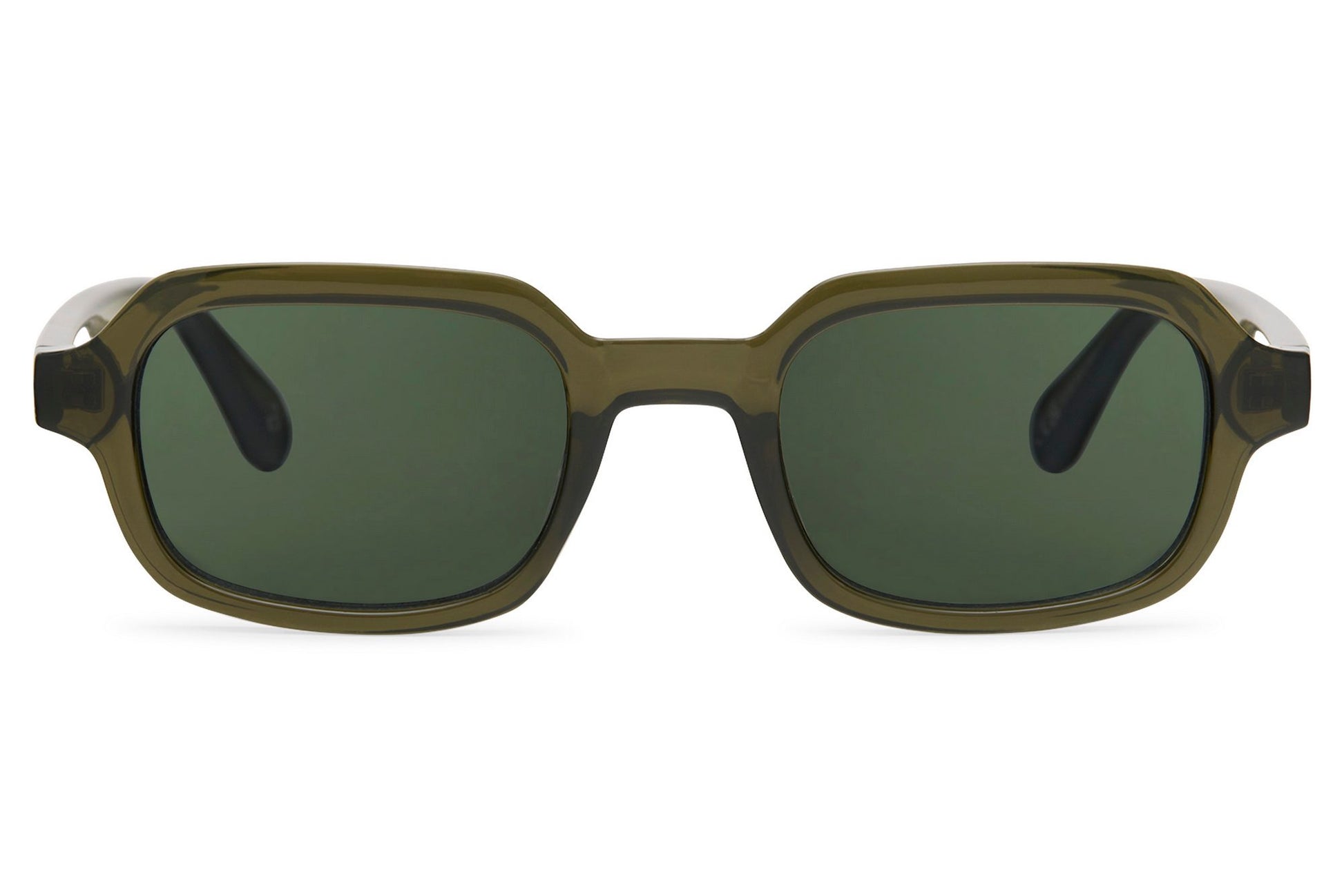 Luxury rectangle sunglasses for men and women with dark green recycled polyester frame and dark green polycarbonate lens – tone-on-tone premium retro rectangle shades for city wear and festivals, free delivery across UK and Europe from Sunglass Station