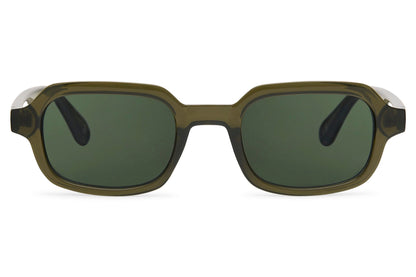 Luxury rectangle sunglasses for men and women with dark green recycled polyester frame and dark green polycarbonate lens – tone-on-tone premium retro rectangle shades for city wear and festivals, free delivery across UK and Europe from Sunglass Station